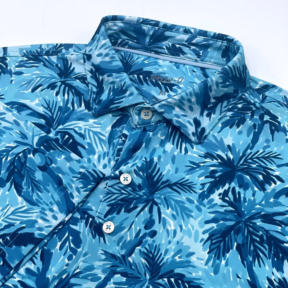 johnnie O Mens Blue Palm Tree Golf Polo Shirt Short Sleeve Sz Medium Performance
